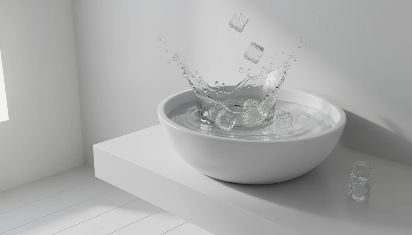 Cold water splashing into stone basin with floating ice cubes
