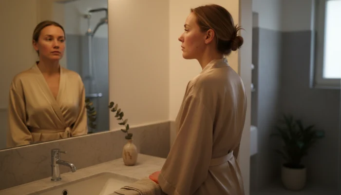 Woman looking at her reflection in a softly lit bathroom mirror at night, showing tired skin affected by cortisol and stress.