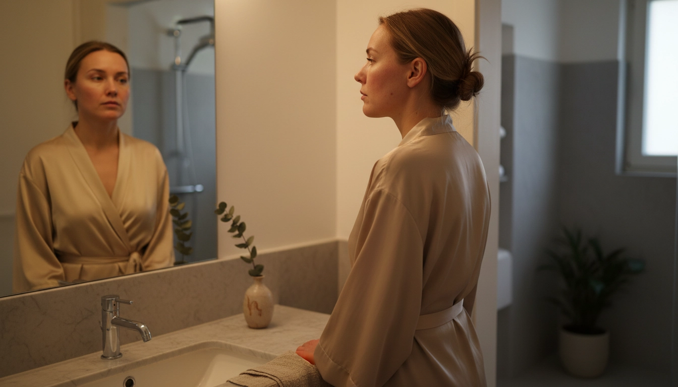 Woman looking at her reflection in a softly lit bathroom mirror at night, showing tired skin affected by cortisol and stress.