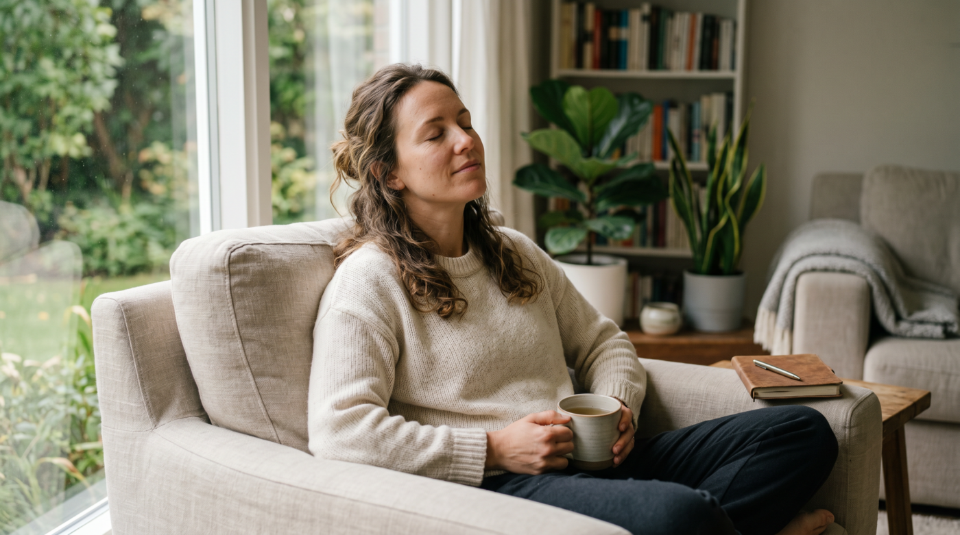 Woman managing stress and supporting healthy skin barrier function affected by cortisol