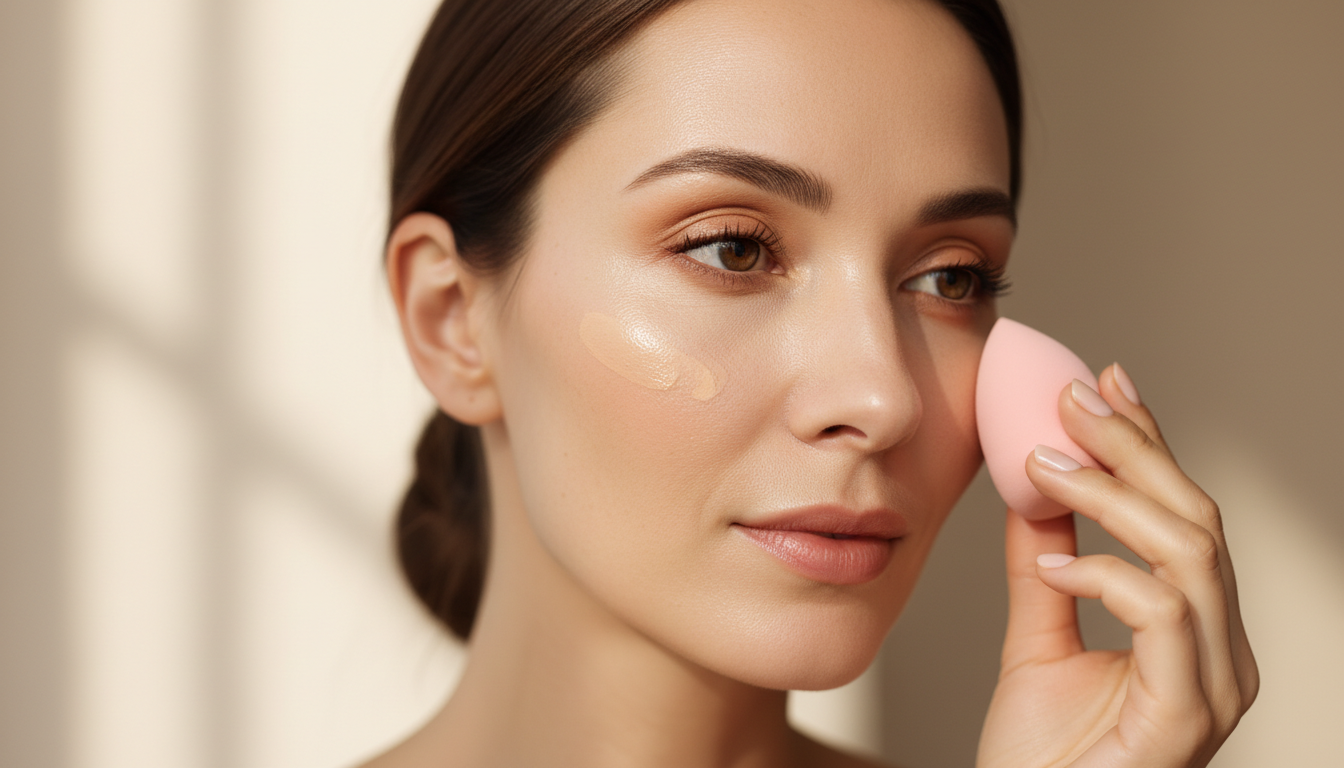 Mature woman gently pressing a damp beauty sponge onto her cheek to apply liquid foundation, with a luminous, hydrated finish.