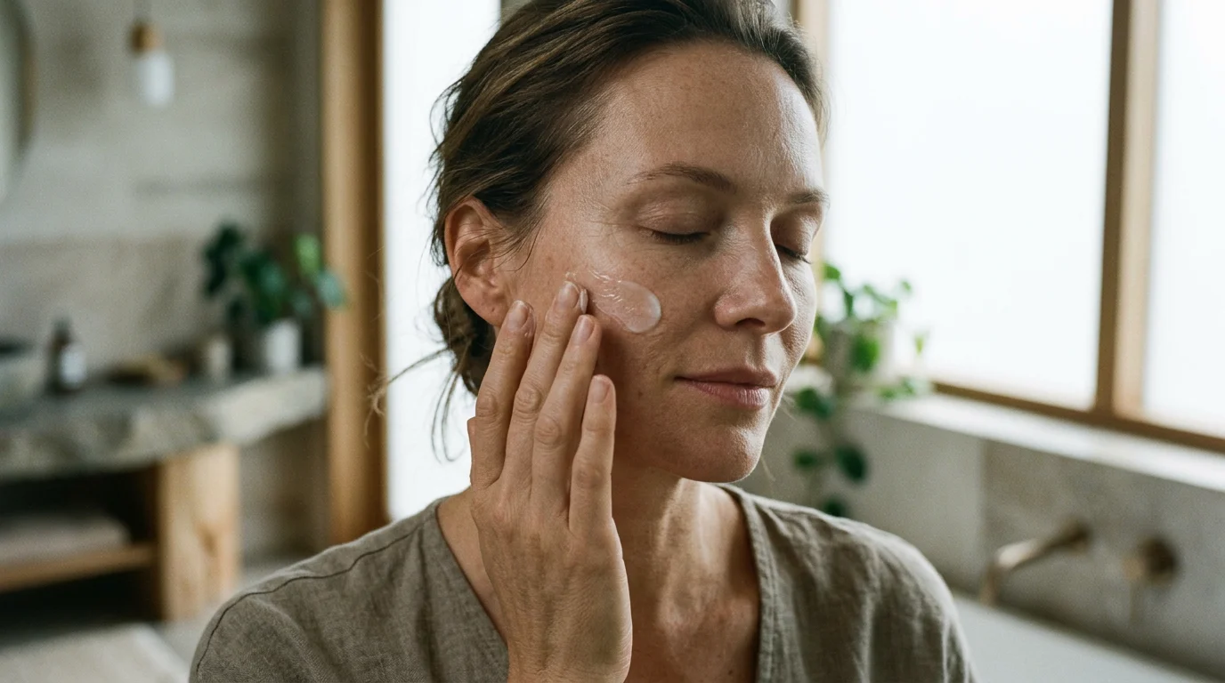 A woman with healthy natural skin texture applying cream during her dermatologist skin cycling method night