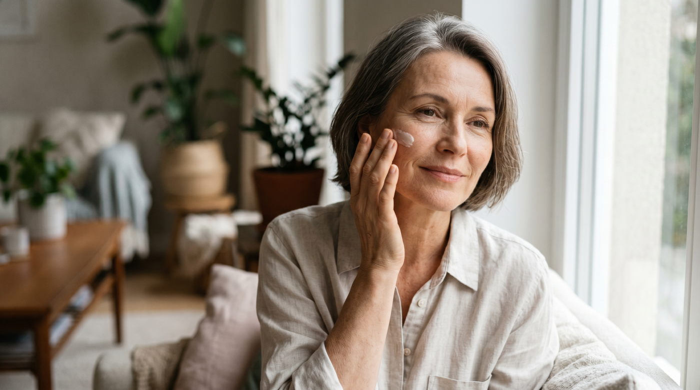 Mature woman showing natural skin aging changes related to estrogen and collagen decline