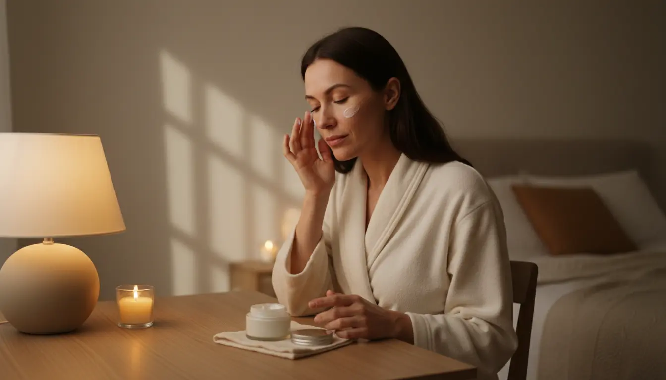 Calm evening skincare ritual with warm dim lighting, supporting skin barrier recovery from stress hormones and cortisol skin aging.
