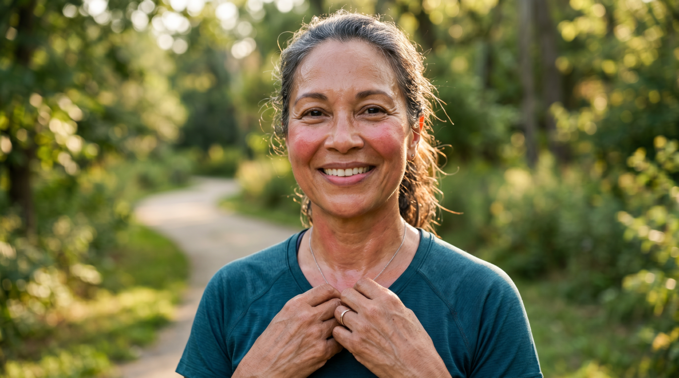 Mature woman showing healthy skin vitality supported by exercise and circulation