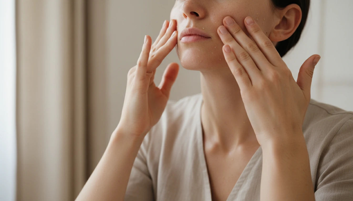 Gentle facial lymphatic massage routine performed with light fingertip pressure along the neck and jawline