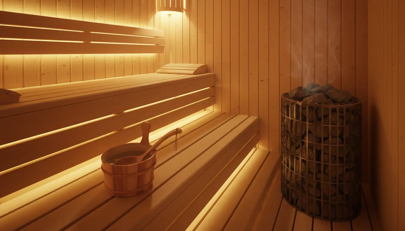 Warm wooden Finnish sauna interior with steam and soft lighting