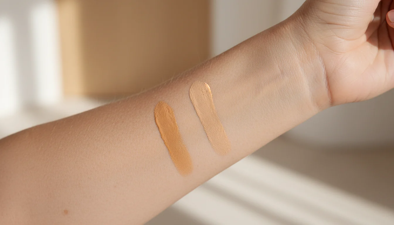 Two foundation swatches on a mature woman's inner forearm — one oxidized and more orange, one freshly matched — illustrating colour shift over time.