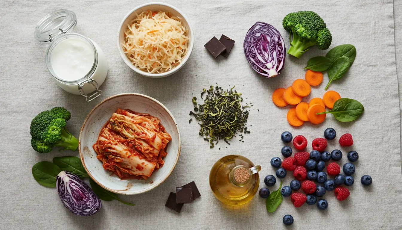 Flat lay of gut-healthy foods including kefir, sauerkraut, kimchi, berries, green tea and olive oil on linen surface