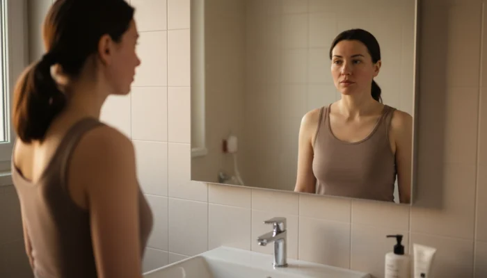Woman examining her skin in bathroom mirror in soft morning light, showing natural redness and bare complexion