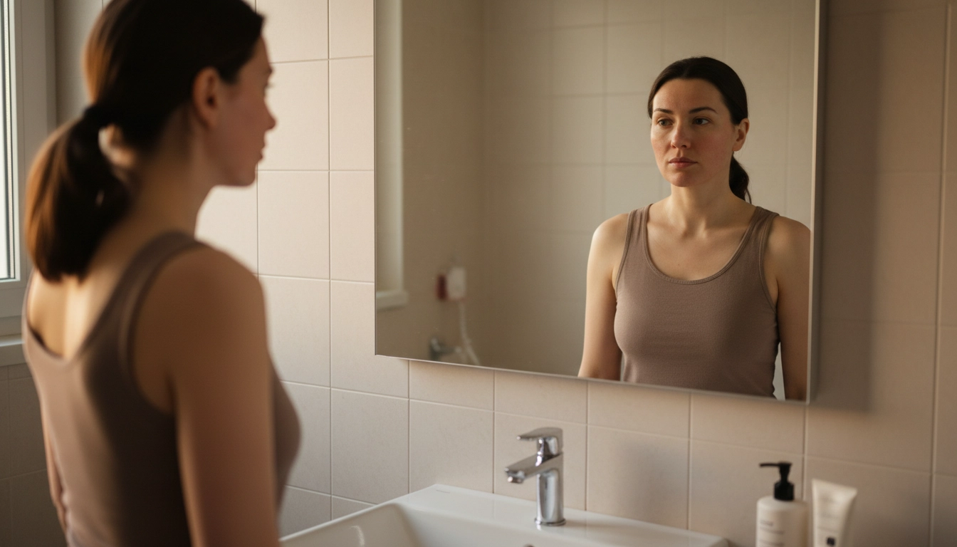 Woman examining her skin in bathroom mirror in soft morning light, showing natural redness and bare complexion