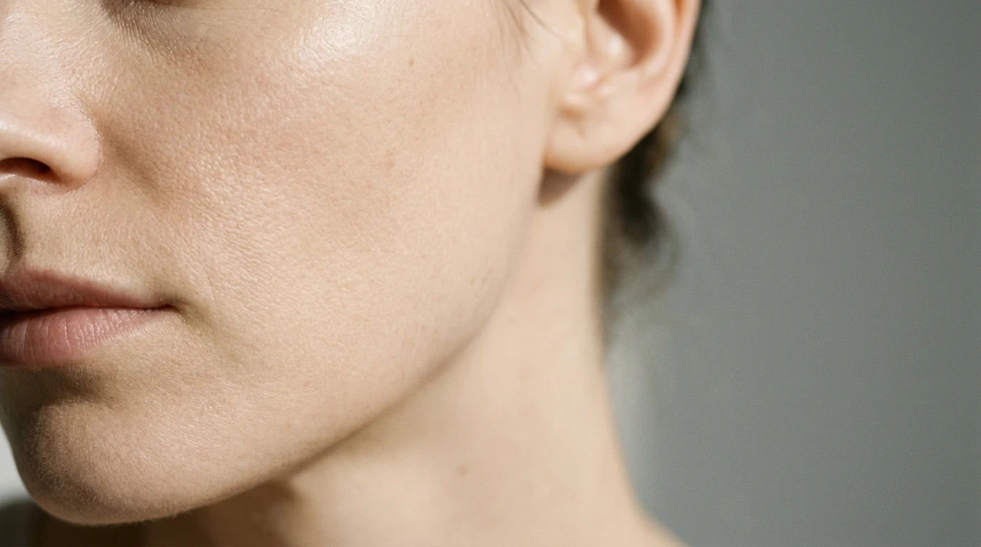 Close-up of a woman's healthy and hydrated natural jawline skin before applying cosmetic products