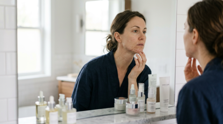 35-year-old woman examining hormonal acne along her jawline while standing in a natural bathroom setting