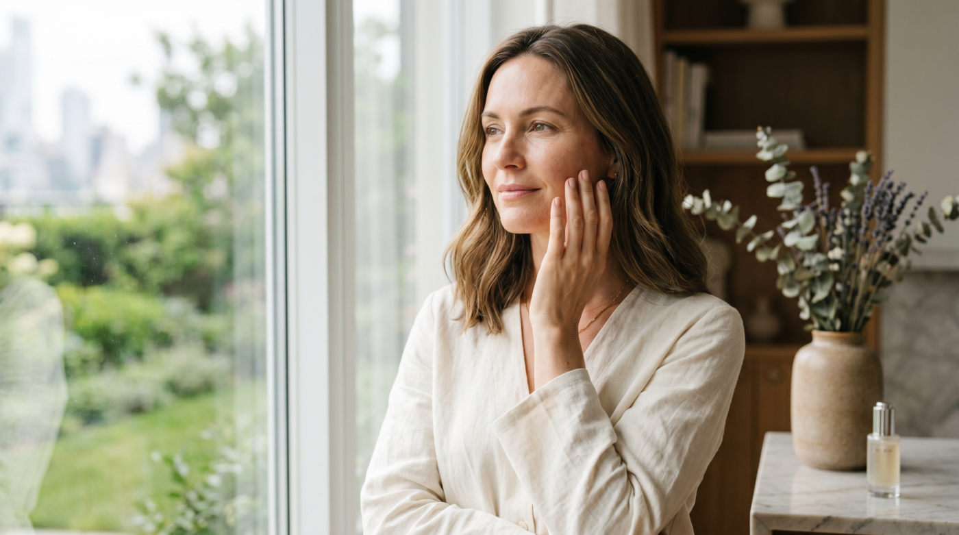 Woman experiencing hormonal skin changes related to estrogen, insulin and stress hormones