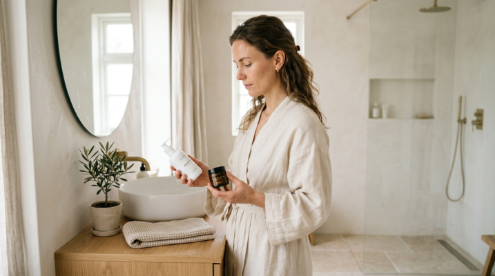 Woman comparing pharmacy skincare and niche skincare products in a minimalist bathroom — La Roche-Posay vs niche skincare