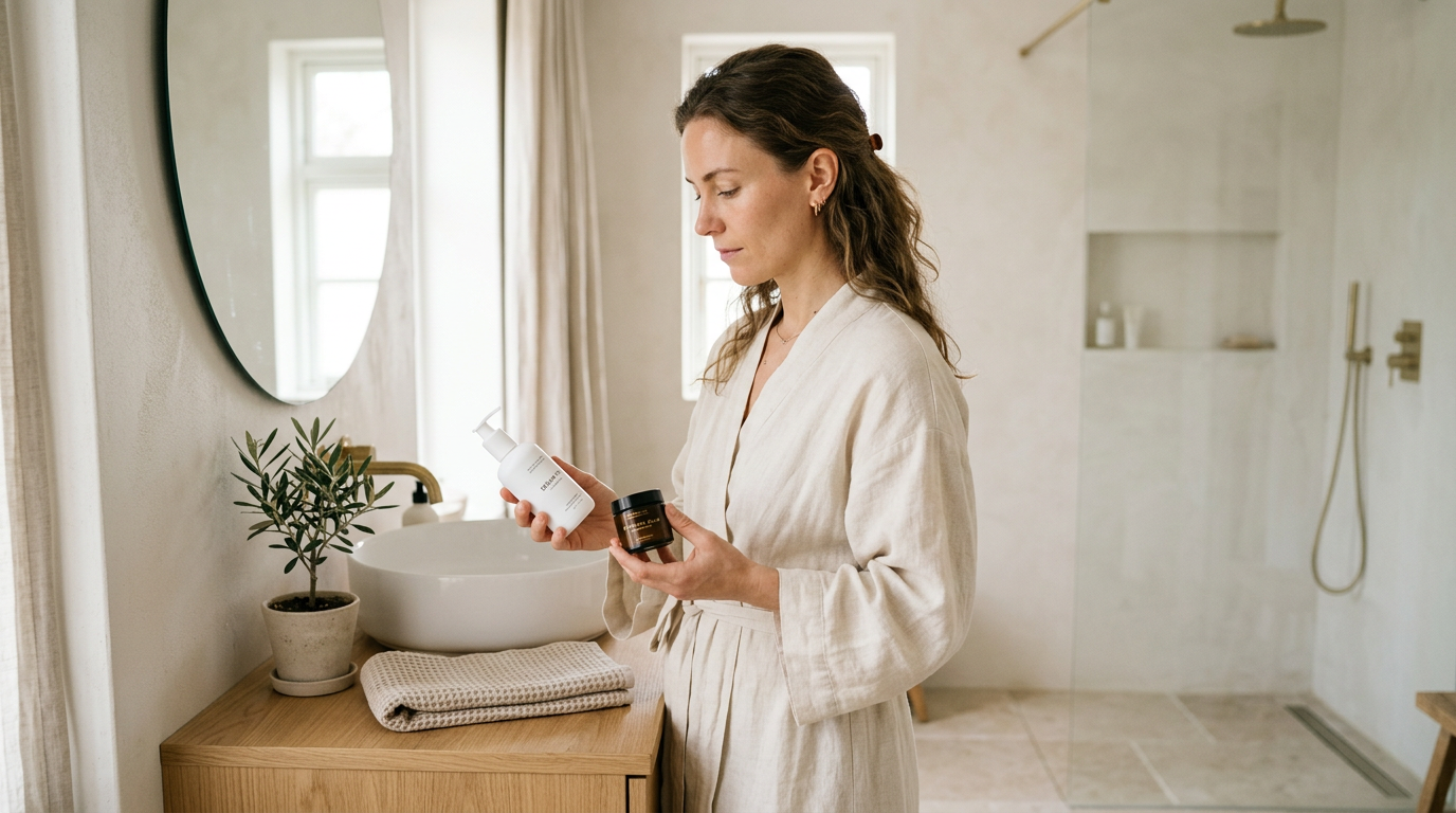 Woman comparing pharmacy skincare and niche skincare products in a minimalist bathroom — La Roche-Posay vs niche skincare