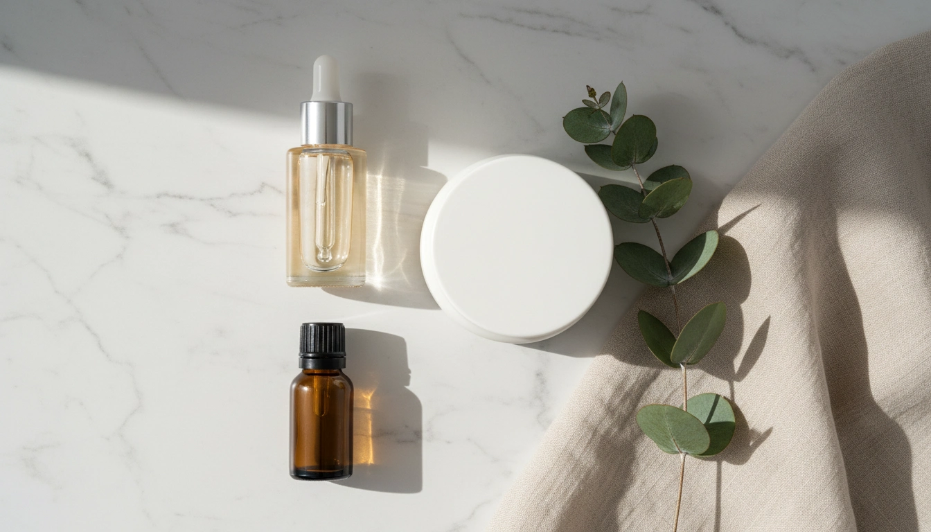 Minimalist skincare flat lay with serum and cream representing scientifically backed ingredients for circadian rhythm skin care