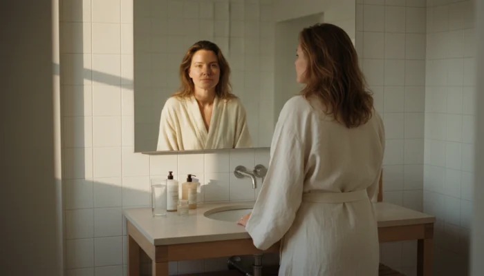 Woman with morning face puffiness looking in mirror during gentle morning skincare routine