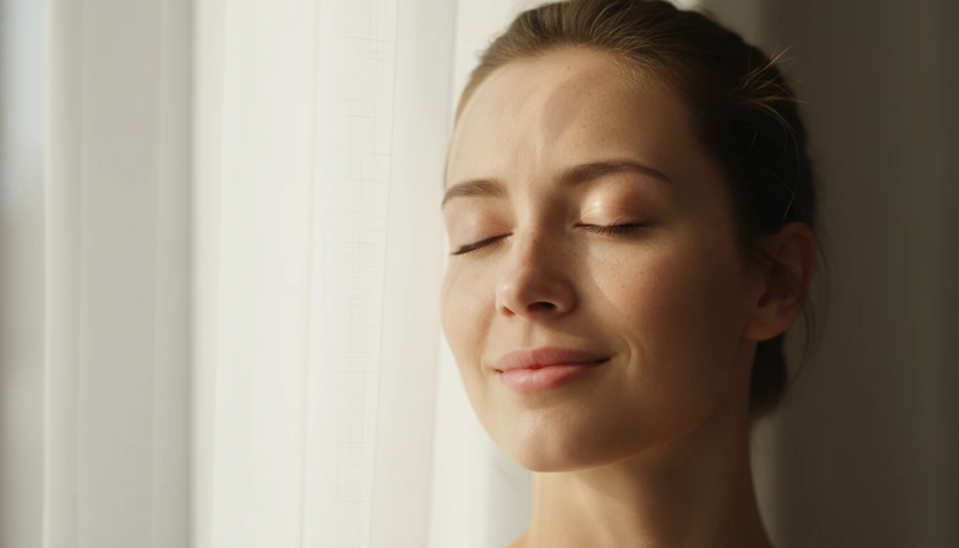 Woman's bare face in soft morning daylight illustrating daytime skin barrier function and circadian rhythm skin health