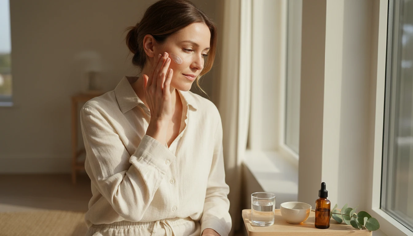 Woman performing a calm morning skincare ritual by a window with natural light, supporting a healthy cortisol curve.