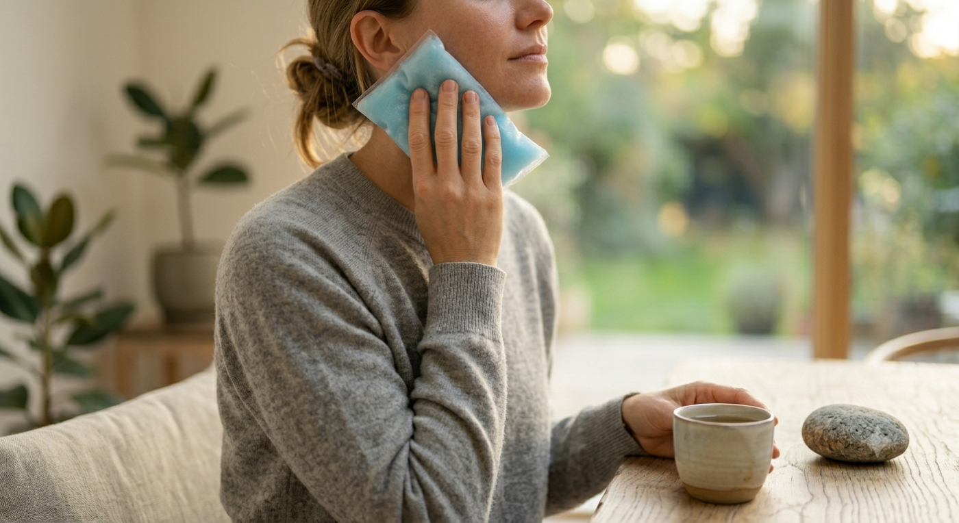 A close-up of a calm person gently pressing their fingers to the side of their neck, demonstrating a non-invasive vagus nerve stimulation technique for stress relief.