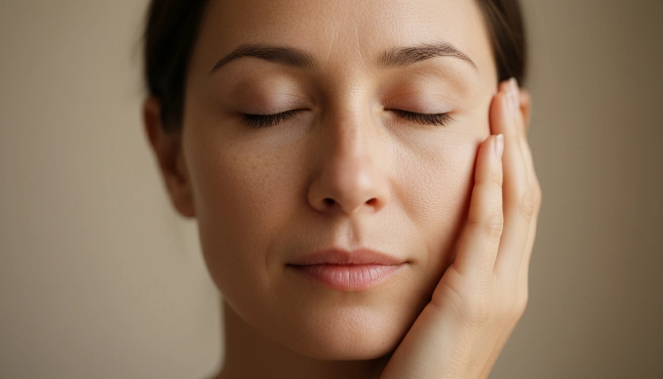 Close-up of a calm woman with her hand gently resting on her cheek, illustrating the brain-skin axis and nervous system skin connection.