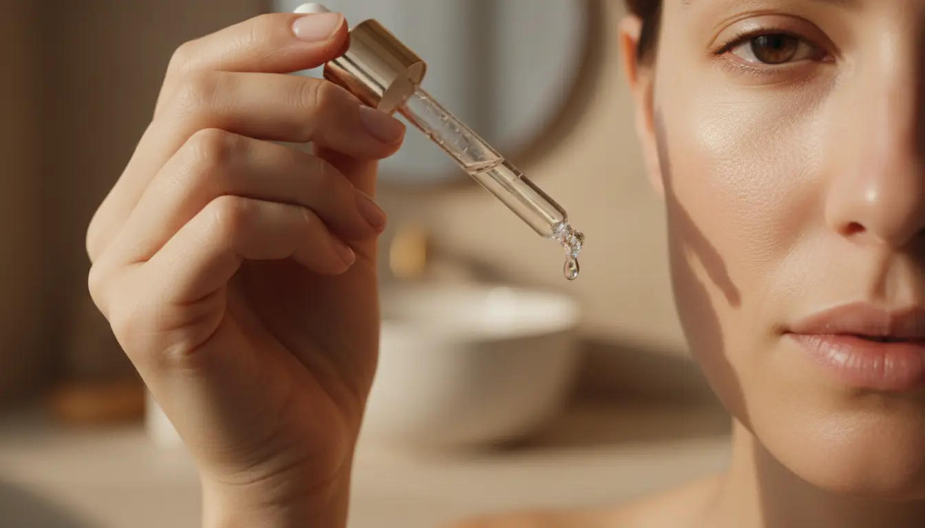 Close-up of woman applying clear skincare serum with glass dropper onto bare healthy cheek