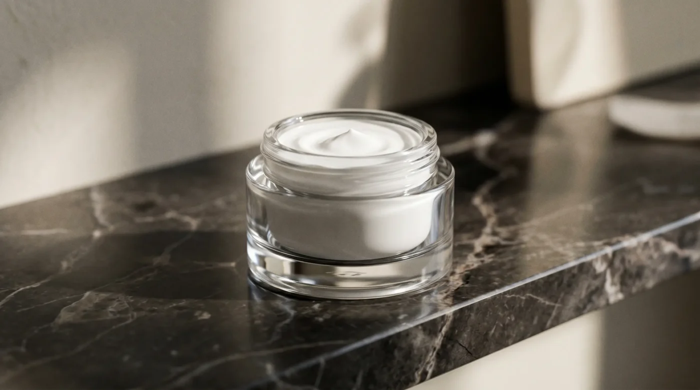 A sleek glass cosmetic jar with well-preserved cream on a marble shelf representing non toxic makeup safety