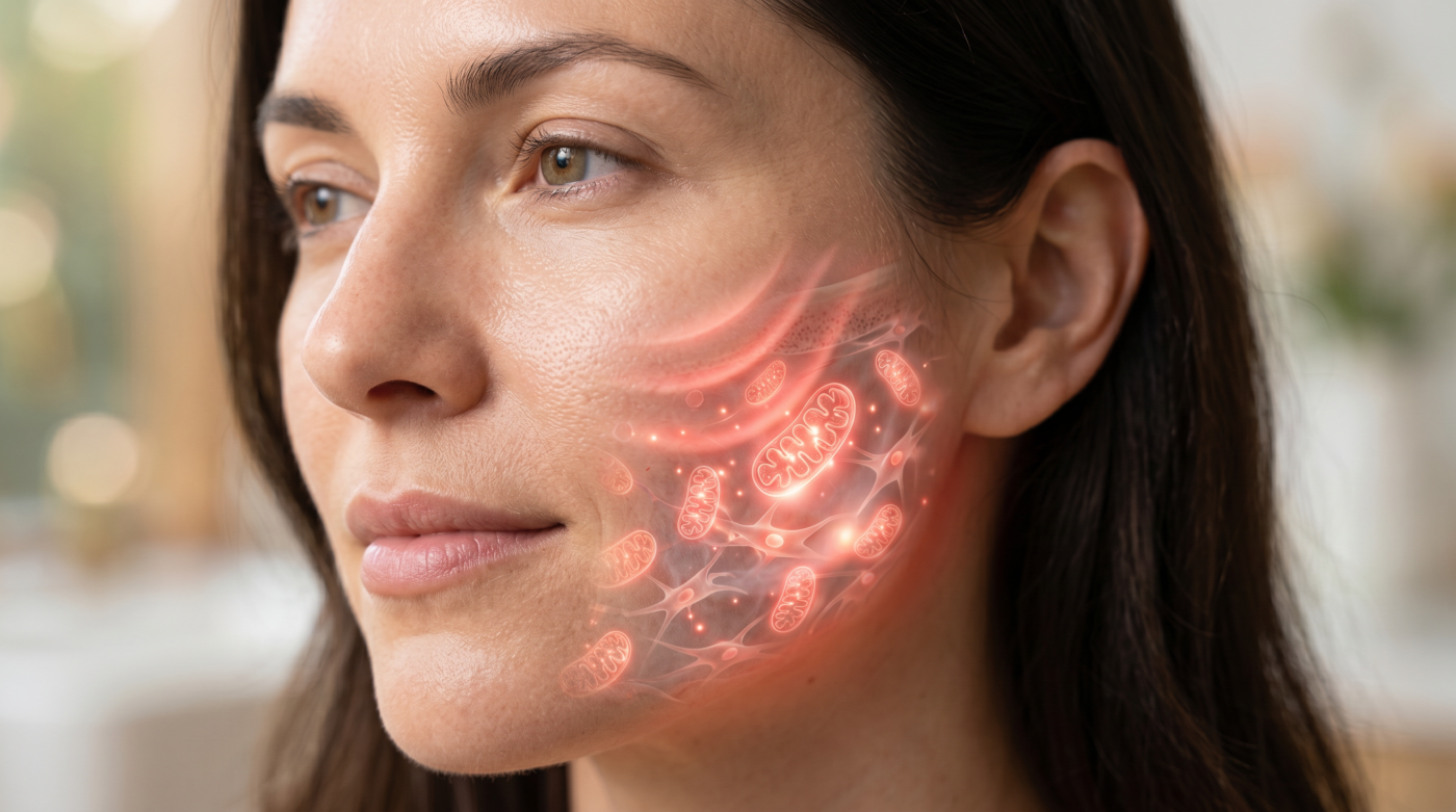 Illustration of photobiomodulation and cellular energy processes involved in red light therapy skin benefits