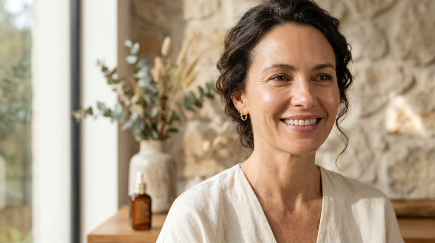 Woman with natural mature skin representing collagen support and skin longevity through red light therapy