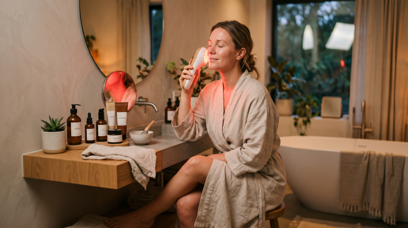 Woman using an at-home red light therapy device as part of a slow beauty skincare routine