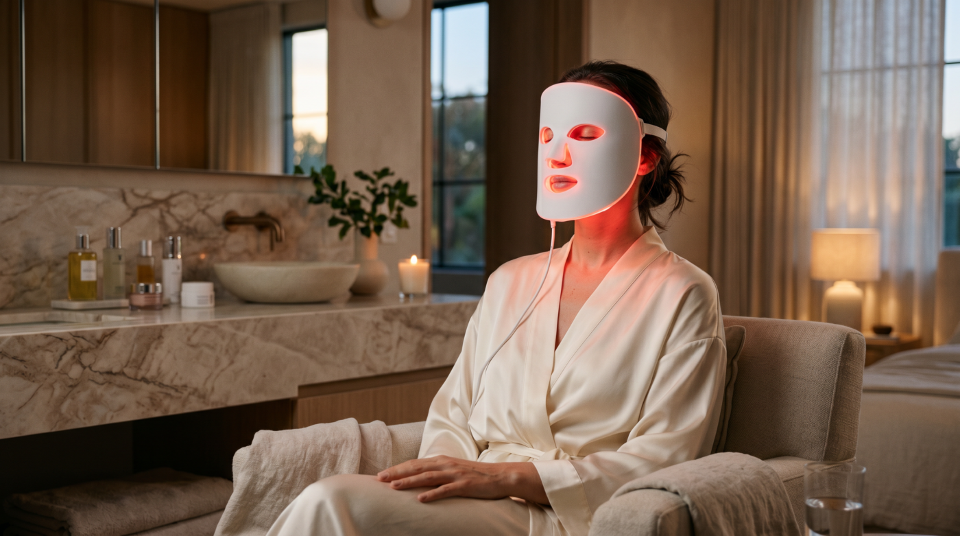 Woman using red light therapy LED mask during a skincare routine to support collagen and skin health