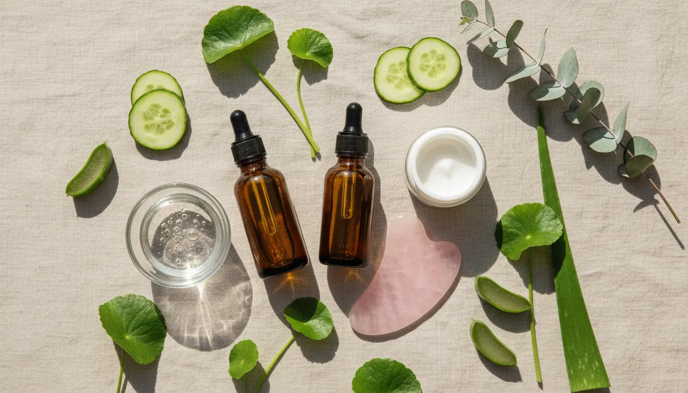 Flat lay of natural skincare ingredients including facial oils, centella leaves and gua sha for lymph flow skin health