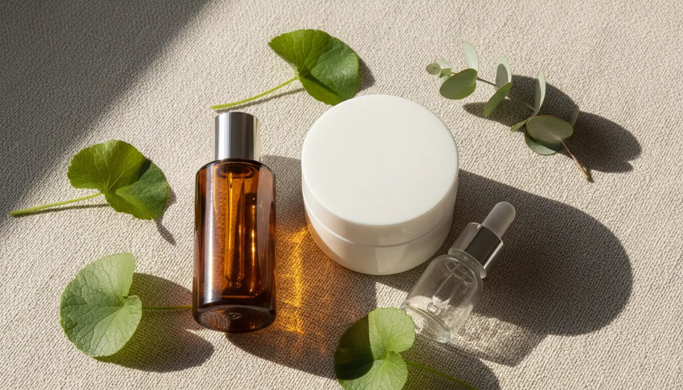 Minimalist flat lay of scientifically backed skincare ingredients including serums and centella