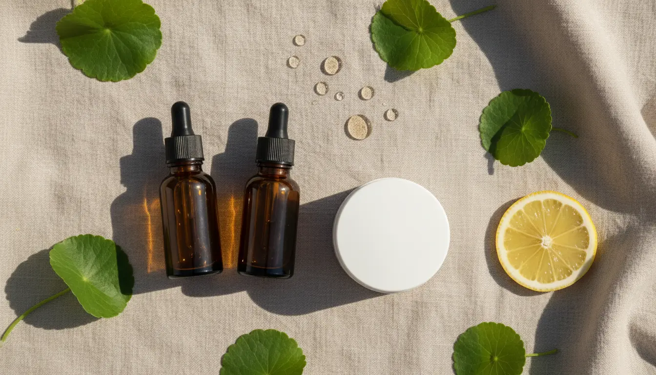 Flat lay of skincare serums, cream, and centella asiatica leaves representing scientifically backed ingredients for stressed skin.