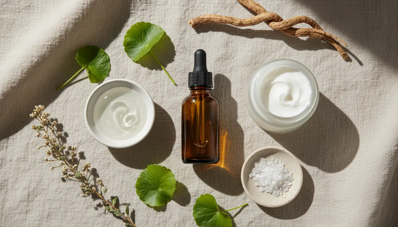 Flat lay of scientifically backed skincare ingredients including niacinamide, hyaluronic acid, ceramides, peptides, magnesium and adaptogens for cortisol and skin health.