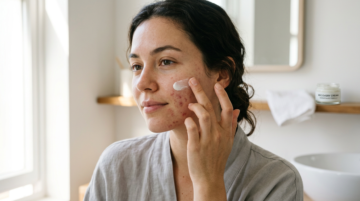 Woman applying skin barrier repair cream after hormonal acne inflammation