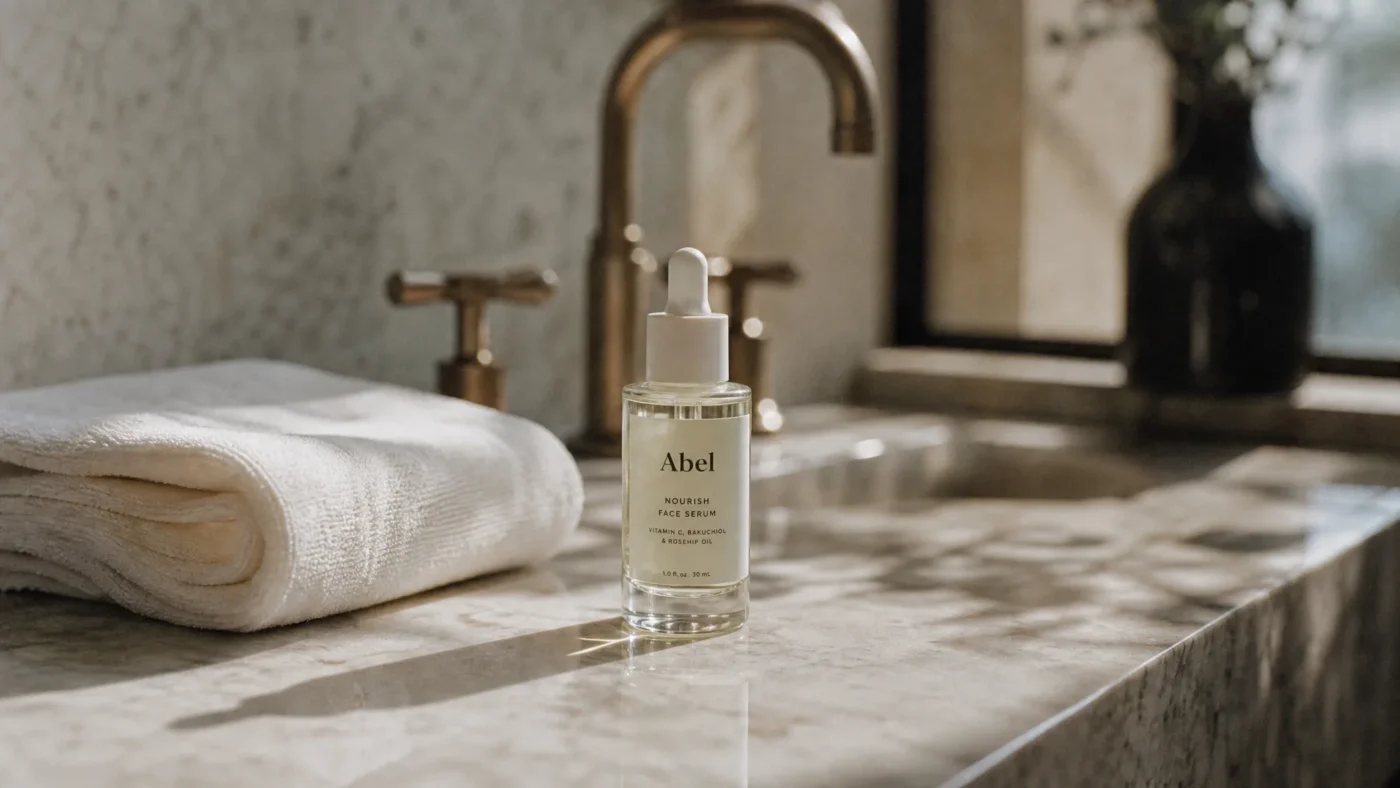 Minimalist skincare routine setup with a serum bottle on a clean vanity table