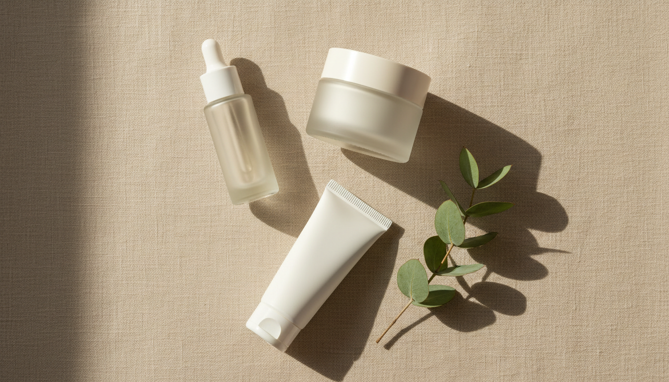 Minimal flat-lay of a hydrating serum, ceramide moisturizer, and skin-prep primer arranged on warm beige linen in natural daylight.