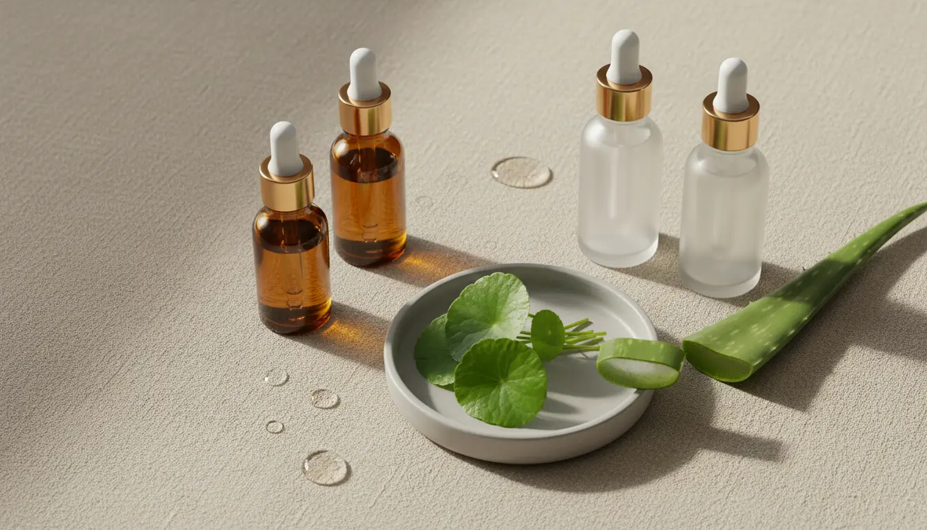 Minimalist skincare flat lay with serums, centella leaves and aloe