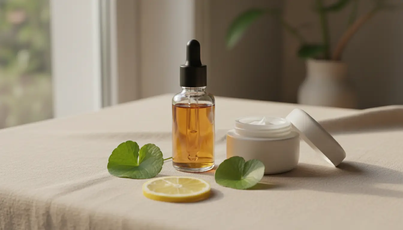 Skincare products with centella asiatica leaves and lemon slice representing niacinamide, hyaluronic acid and vitamin C ingredients that support tired skin.