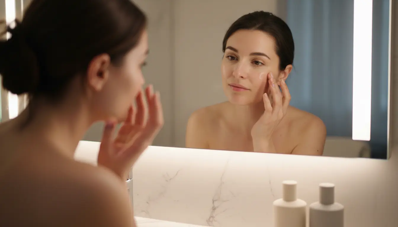 Woman gently applying serum in front of a softly lit mirror, illustrating a calm, intentional skincare routine.