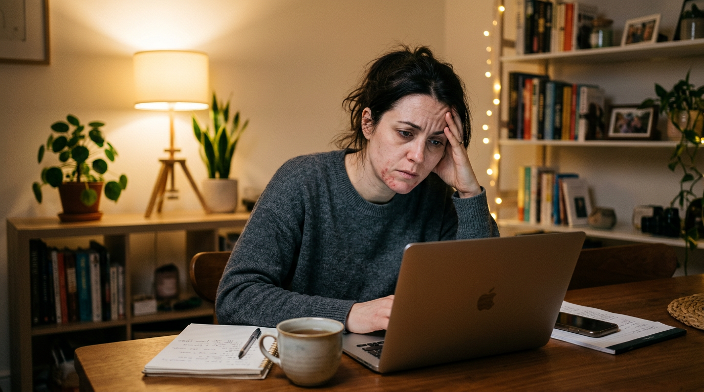 Stressed woman experiencing adult hormonal acne linked to stress and cortisol changes