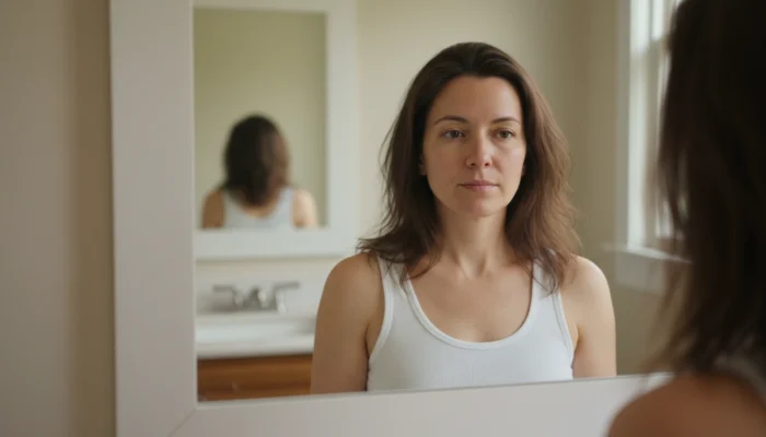 Tired woman with under-eye shadows looking at her reflection in a bathroom mirror in soft morning light after a poor night of sleep.