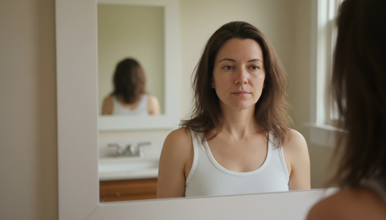 Tired woman with under-eye shadows looking at her reflection in a bathroom mirror in soft morning light after a poor night of sleep.