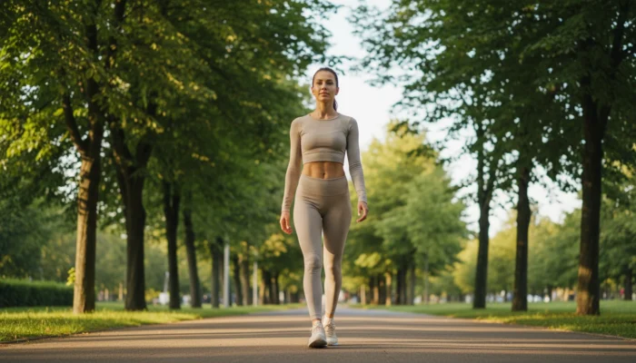Woman walking outdoors in a sunlit park during early morning, illustrating walking benefits for skin