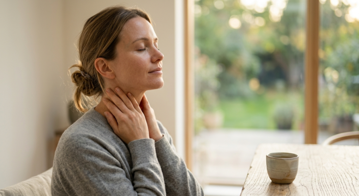 A serene woman with her eyes closed, gently placing her hands on the sides of her neck to stimulate the vagus nerve for skin health, sitting at a wooden table with a cup of tea.