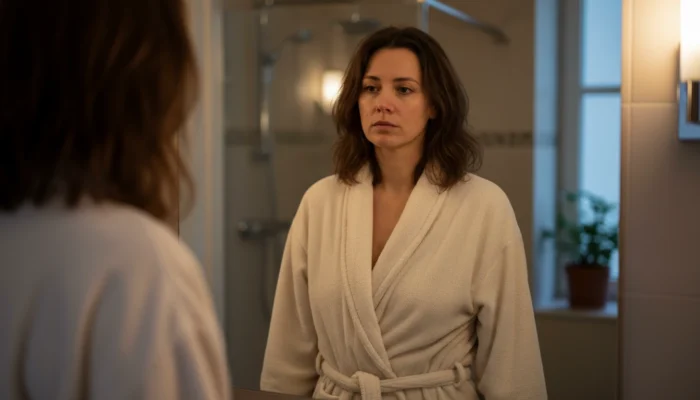 Woman looking at her reflection in evening bathroom mirror with tired skin