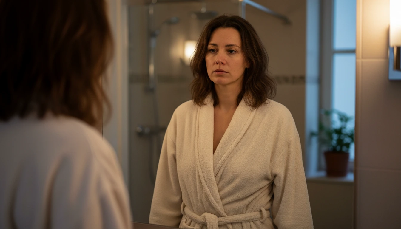 Woman looking at her reflection in evening bathroom mirror with tired skin
