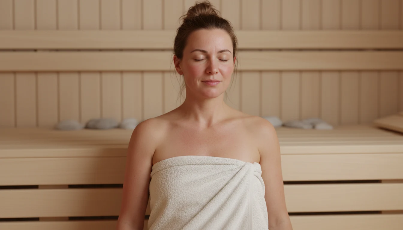 Woman with healthy post-sauna glow wrapped in white towel
